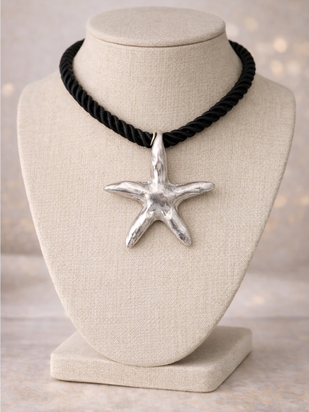 Silver Starfish Pendant Necklace with Twisted Black Cord